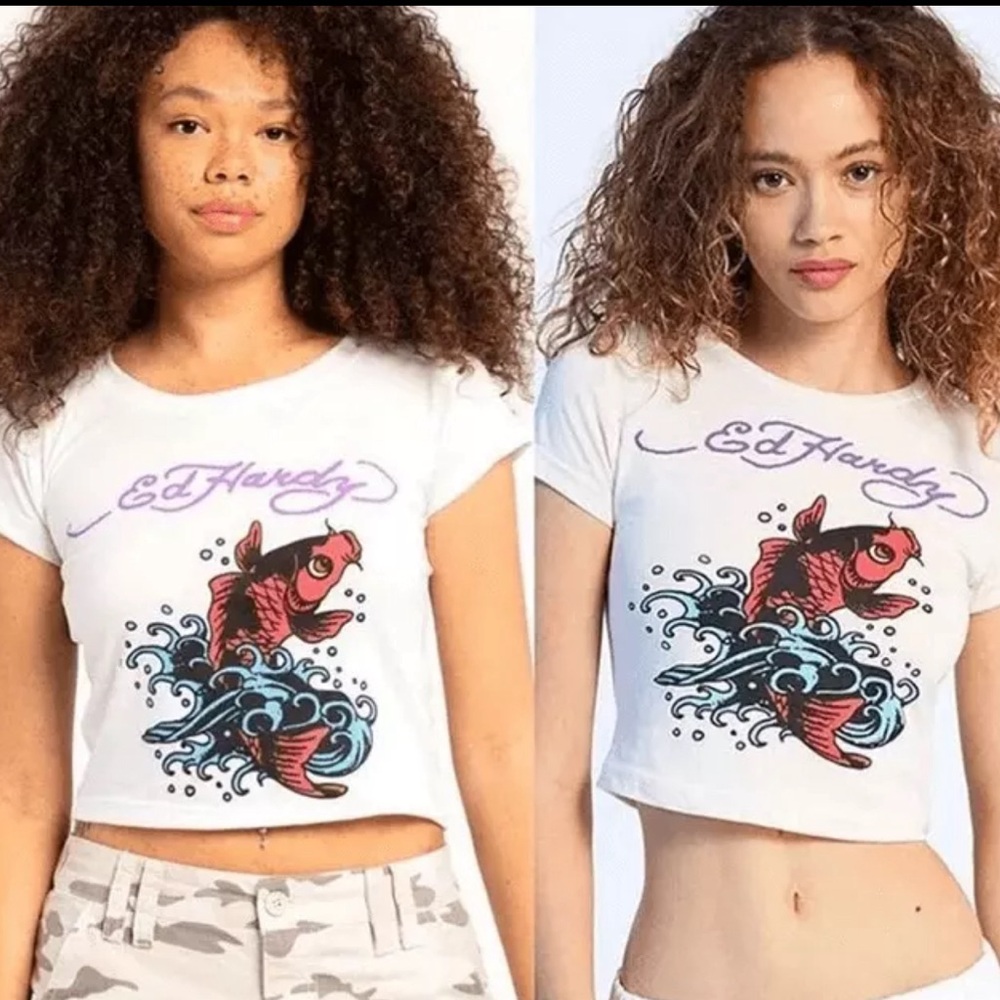 New Ed Hardy women’s Koi fish cropped tee size medium Shirt Y2K